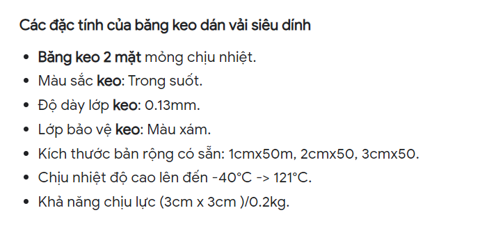 thông số kỹ thuật bẳng keo hai mặt vải